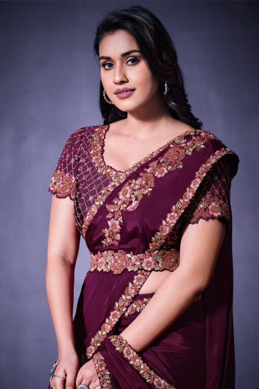 Marvellous Border Work On Georgette Fabric Saree In Magenta Color