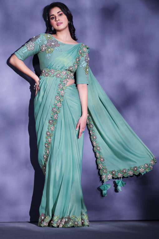 Classic Border Work On Light Cyan Color Saree In Crepe Fabric