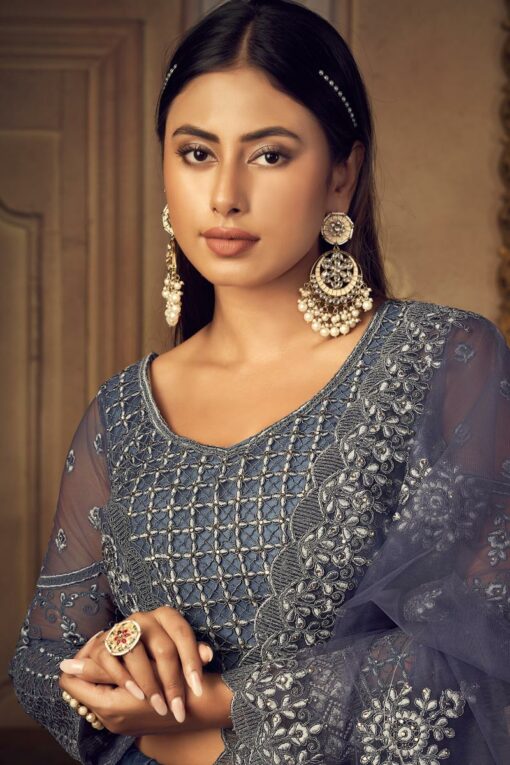 Sangeet Wear Glamorous Embroidered Net Lehenga Choli In Blue Color