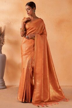 Radiant Weaving Work On Peach Color Kanjivaram Silk Saree