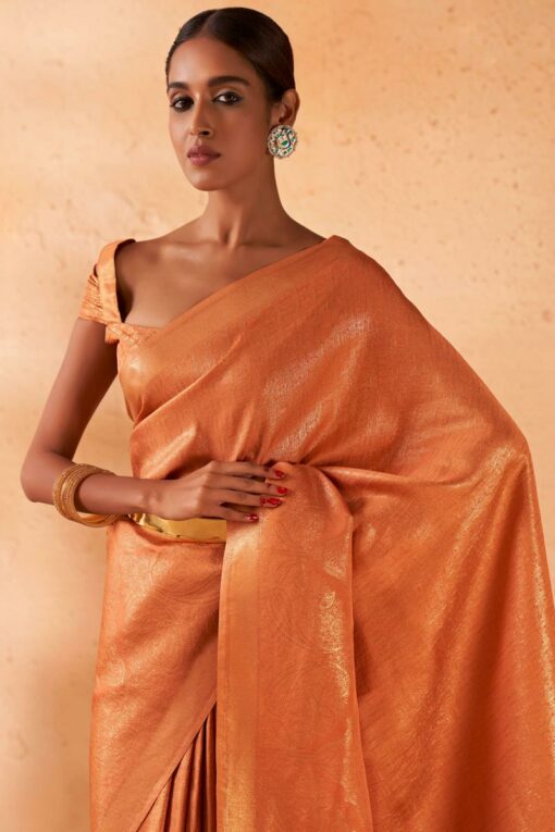 Radiant Weaving Work On Peach Color Kanjivaram Silk Saree