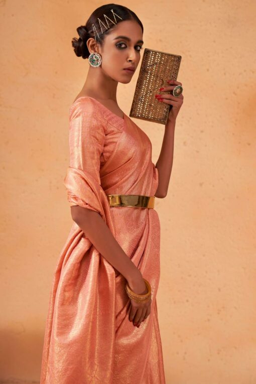 Incredible Weaving Work On Peach Color Kanjivaram Silk Saree