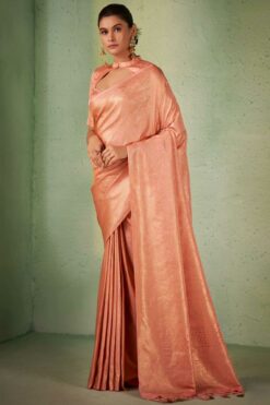 Tempting Peach Color Kanjivaram Silk Weaving Work Saree