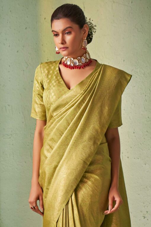Engaging Olive Color Kanjivaram Silk Saree With Weaving Work