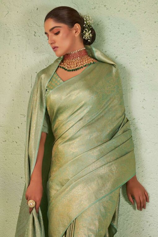 Classic Weaving Work On Sea Green Color Kanjivaram Silk Saree