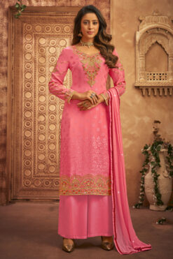 Brasso Fabric Festive Wear Lovely Palazzo Suit In Pink Color