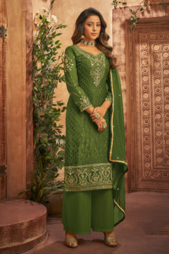 Festive Wear Green Color Inventive Palazzo Suit In Brasso Fabric
