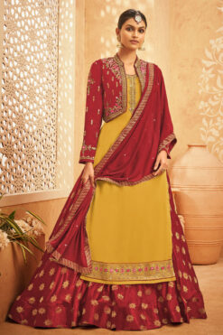 Tempting Red Color Georgette Sharara Top Lehenga With Jacket
