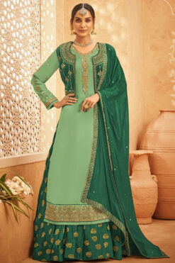 Engaging Green Color Georgette Sharara Top Lehenga With Jacket