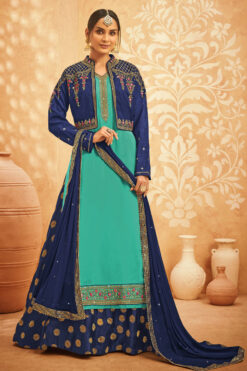 Blue Color Winsome Georgette Sharara Top Lehenga With Jacket