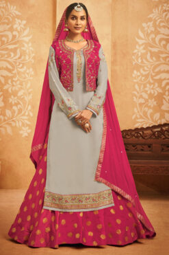 Creative Georgette Sharara Top Lehenga With Jacket In Pink Color