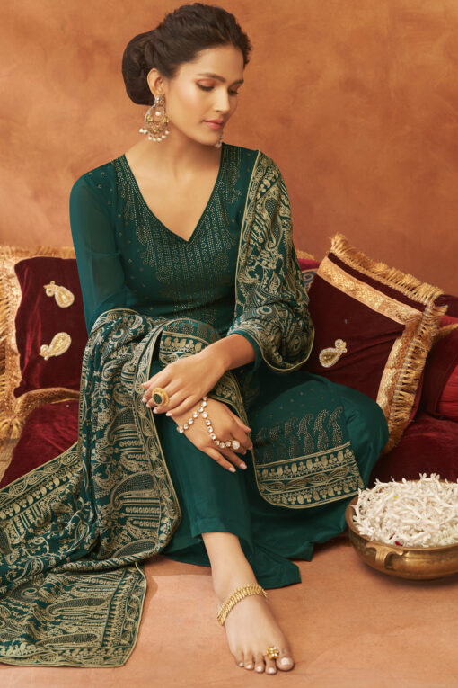 Georgette Fabric Dark Green Color Ravishing Fancy Work Palazzo Suit