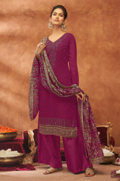 Tempting Magenta Color Georgette Fabric Fancy Work Palazzo Suit