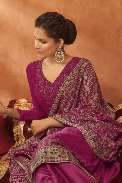 Tempting Magenta Color Georgette Fabric Fancy Work Palazzo Suit