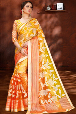 Luxurious Foil Printed Work Organza Saree In Yellow Color
