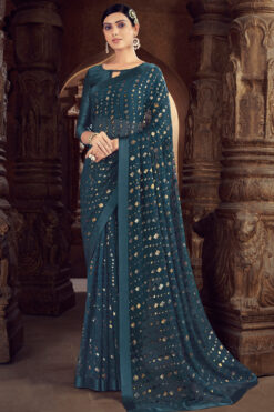 Brasso Fabric Teal Color Festive Look Engrossing Saree