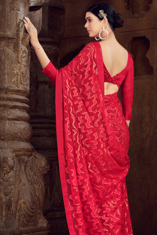 Beauteous Festive Look Red Color Saree In Brasso Fabric