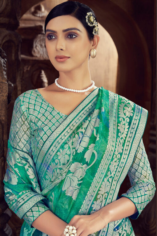 Brasso Fabric Festive Look Classic Saree In Green Color