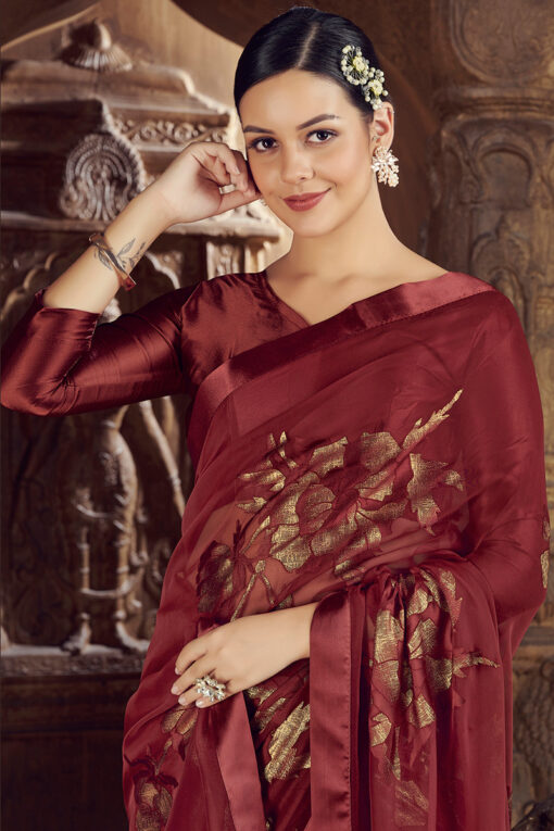 Appealing Festive Look Maroon Color Saree In Brasso Fabric