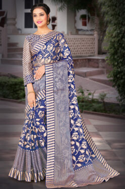 Awesome Foil Printed Organza Saree In Blue Color