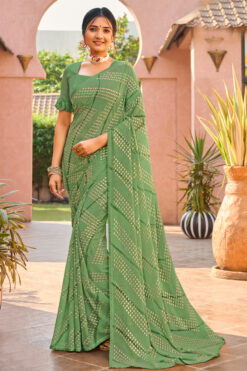 Sea Green Color Soothing Daily Wear Floral Printed Georgette Saree