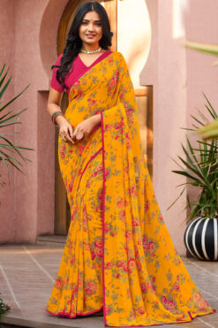 Yellow Color Appealing Casual Look Floral Printed Georgette Saree