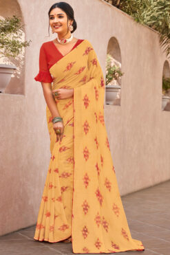 Yellow Color Awesome Daily Wear Floral Printed Georgette Saree