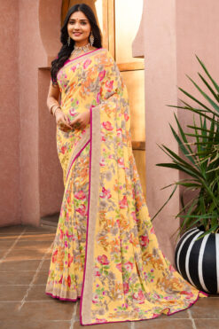 Yellow Color Wonderful Casual Look Floral Printed Georgette Saree