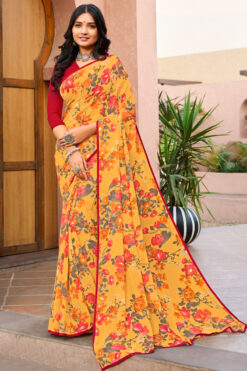 Bewitching Yellow Color Daily Wear Floral Printed Georgette Saree