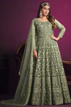 Creative Embroidered Net Fabric Anarkali Suit In Green Color