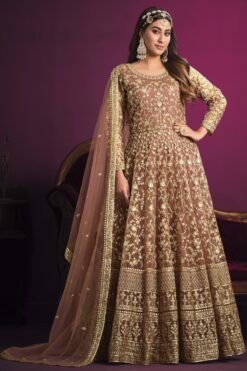 Tempting Net Fabric Peach Color Embroidered Anarkali Suit