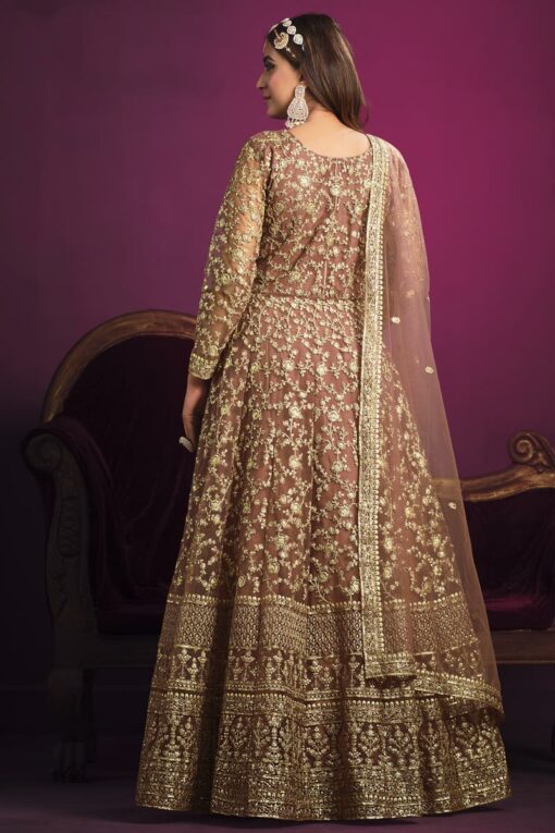 Tempting Net Fabric Peach Color Embroidered Anarkali Suit