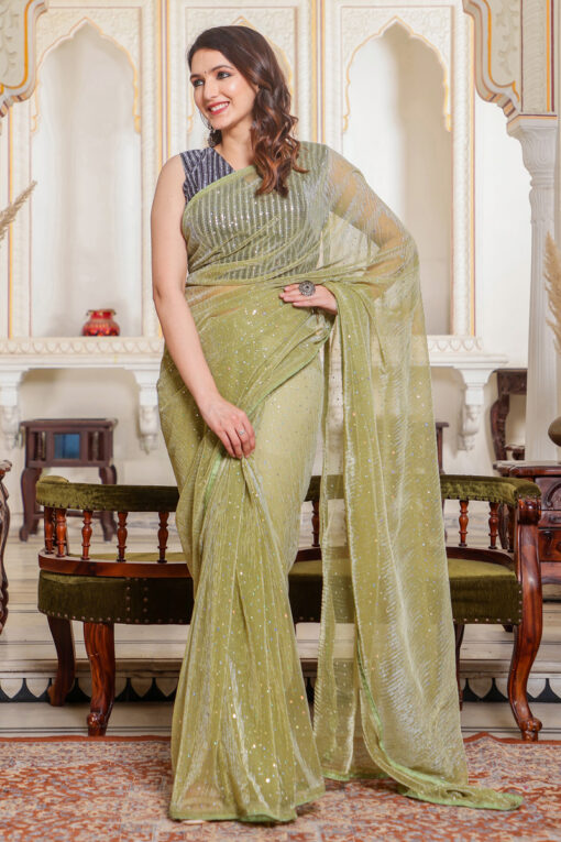 Green Color Net Fabric Function Wear Winsome Saree