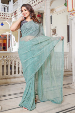 Net Fabric Function Wear Brilliant Saree In Cyan Color