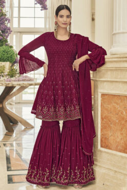 Burgundy Color Chinon Fabric Function Wear Stunning Sharara Suit