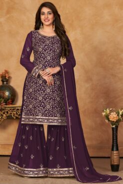 Purple Color Georgette Fabric Sangeet Wear Appealing Sharara Suit