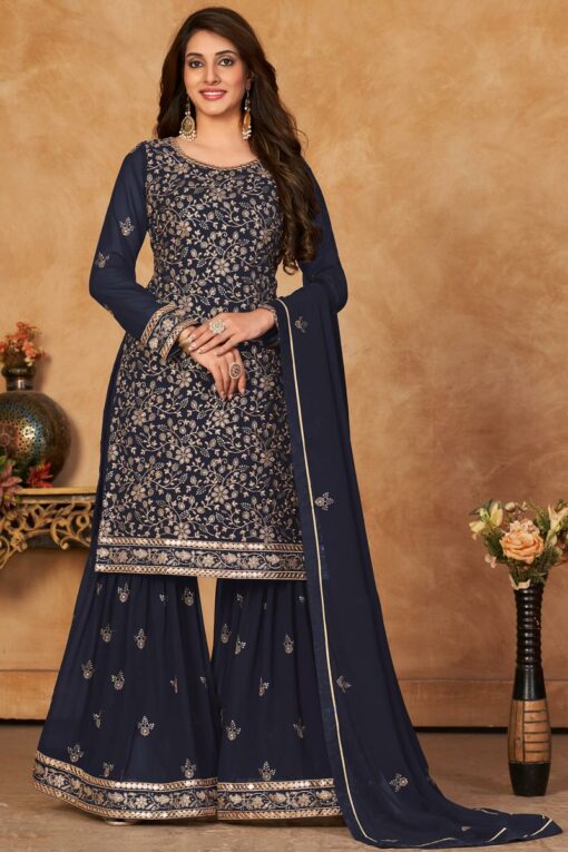 Georgette Fabric Sangeet Wear Wonderful Sharara Suit In Navy Blue Color