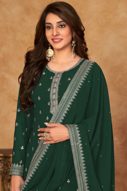 Function Wear Awesome Georgette Fabric Palazzo Suit In Dark Green Color