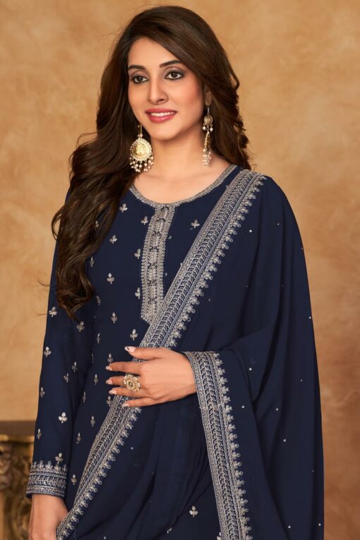 Function Wear Georgette Fabric Palazzo Suit In Appealing Navy Blue Color