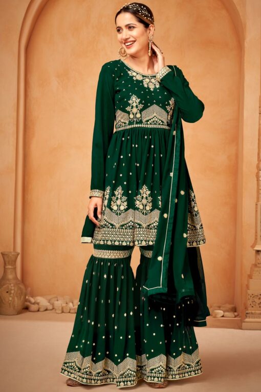 Dark Green Color Fantastic Georgette Fabric Sangeet Wear Sharara Suit