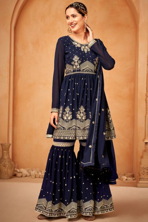 Navy Blue Color Aristocratic Georgette Fabric Sangeet Wear Sharara Suit
