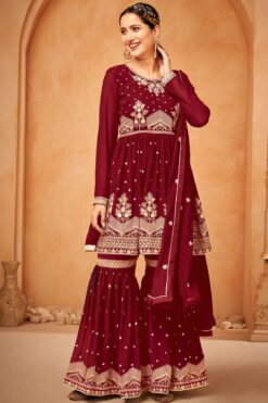 Imperial Maroon Color Georgette Fabric Sangeet Wear Sharara Suit