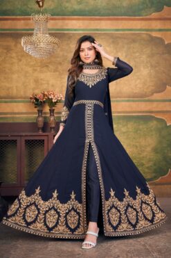 Navy Blue Color Georgette Fabric Elegant Embroidered Anarkali Suit