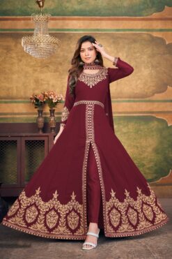 Maroon Color Embellished Embroidered Anarkali Suit In Georgette Fabric
