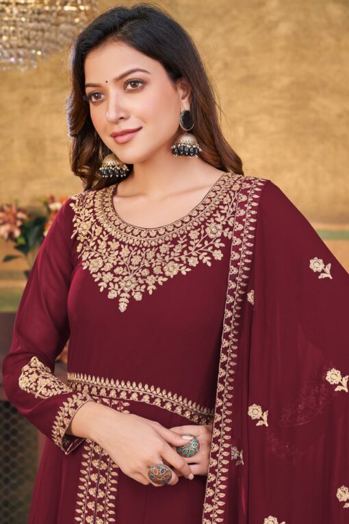 Maroon Color Embellished Embroidered Anarkali Suit In Georgette Fabric
