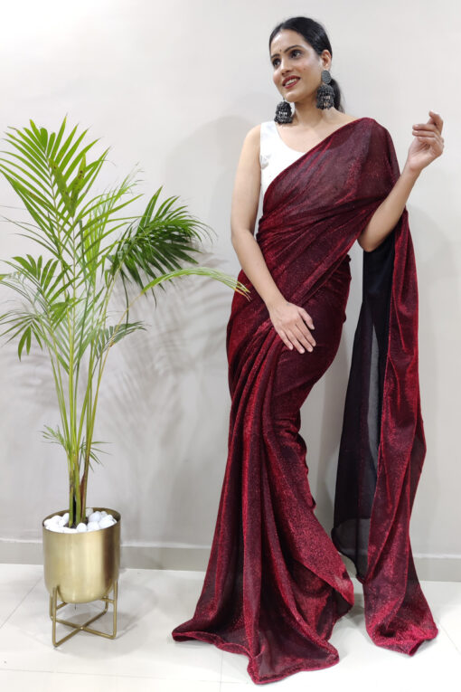Fancy Fabric Party Look Mesmeric Maroon Color Ready to Wear Saree