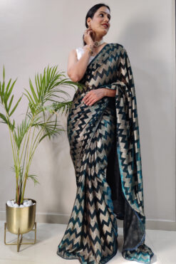 Charming Teal Color Fancy Fabric Foil Printed Ready to Wear Saree