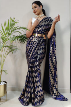 Alluring Fancy Fabric Blue Color Foil Printed Ready To Wear Saree
