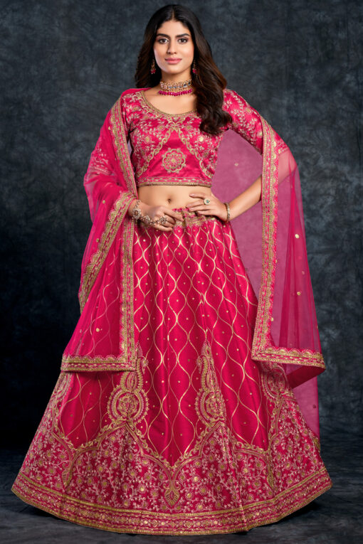 Silk Fabric Rani Color Sangeet Wear Delicate Lehenga