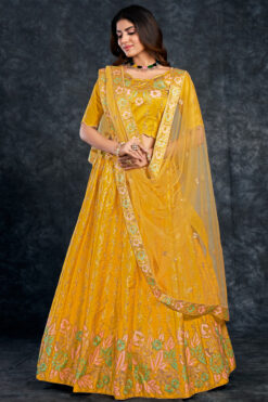 Silk Fabric Sangeet Wear Brilliant Lehenga In Yellow Color